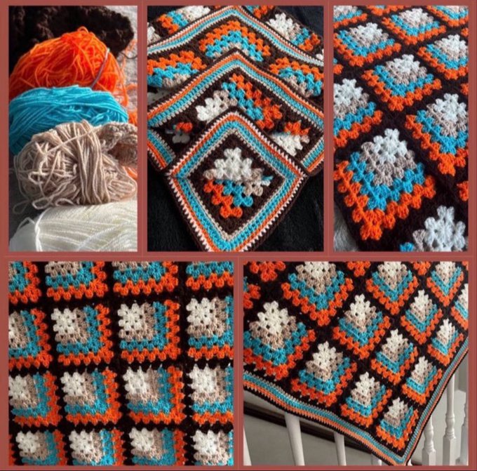 Handmade Granny Square Blanket 🧡💙🤎 It's like a nostalgic journey through the 1970s. Reminiscent vibrant colours make this throw a charming addition to any home. A perfect colourful gift, it's eye-catching and warm #MHHSBD #craftbizparty #earlybiz #UKMakers