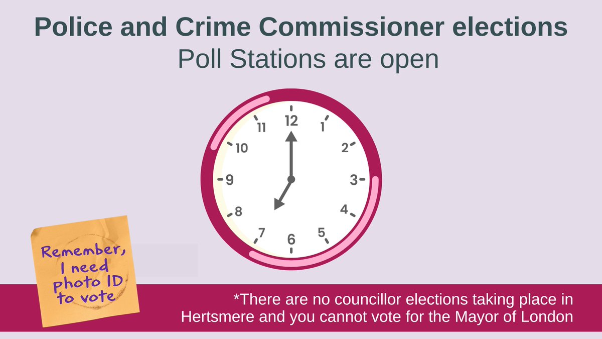 Polling Stations are open! You have until 10pm tonight to vote for Hertfordshire’s Police and Crime Commissioner (PCC). 
Remember your photo ID!
For more information visit our website: hertsmere.gov.uk/PCC
#PCC2024 #HaveYourSay