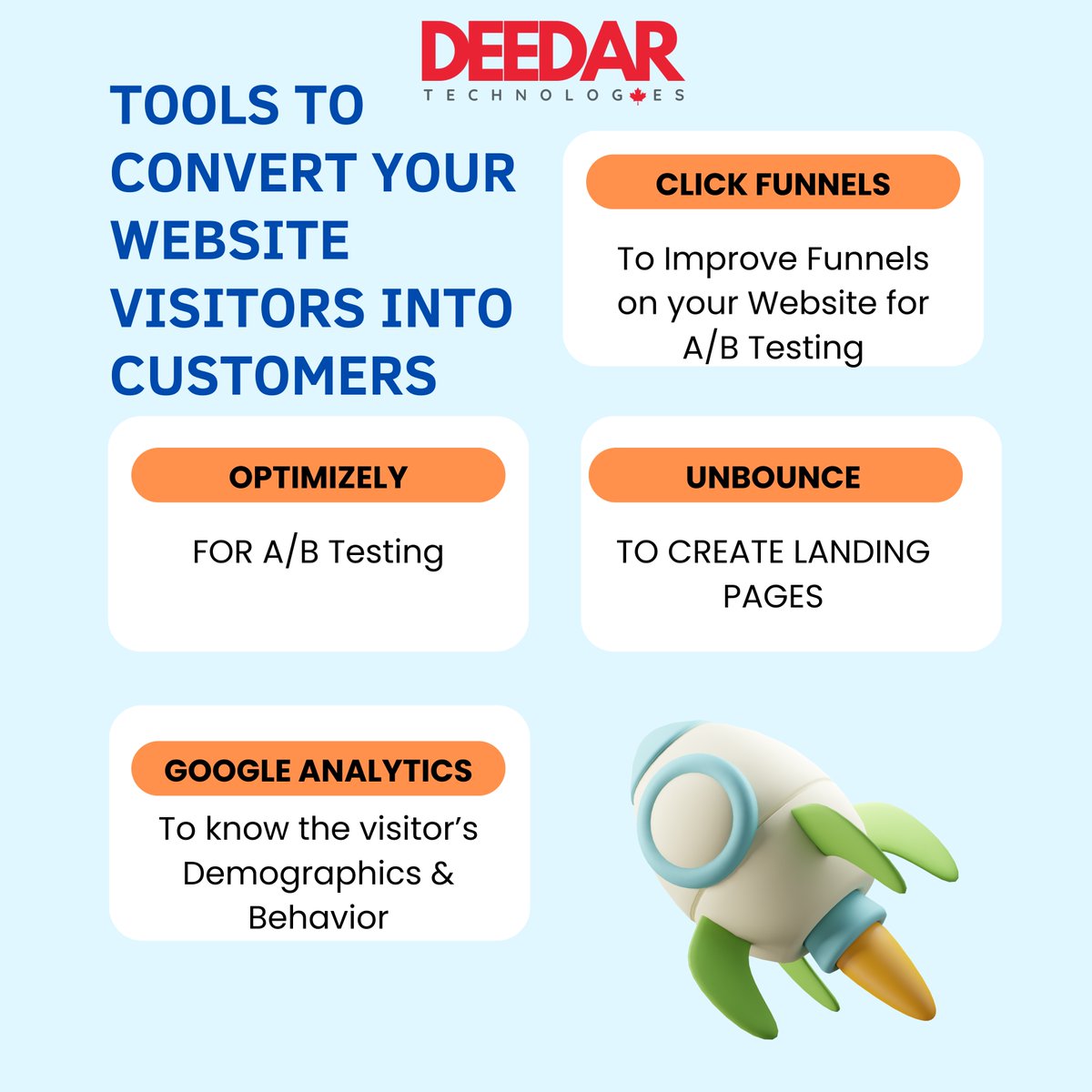Unlock the potential of your website with Optimizely, ClickFunnels, Unbounce, and Google Analytics. Elevate visitor experiences, drive conversions, and amplify your business growth effortlessly.
#DeedarTechnologies #DigitalMarketing #DigialMarketingTips #WebDesign #WebDevelopment