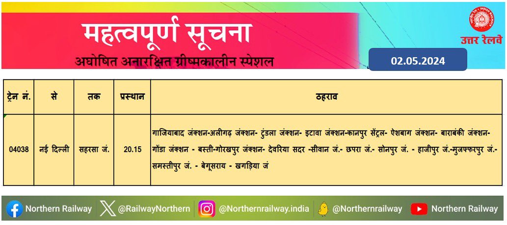 अघोषित अनारक्षित ग्रीष्मकालीन स्पेशल उत्तर रेलवे द्वारा दिनांक 02.05.2024 को अनारक्षित ग्रीष्मकालीन विशेष रेलगाड़ियां चलाने का निर्णय लिया गया है। 💺स्थान उपलब्ध #SummerSpecialTrains2024