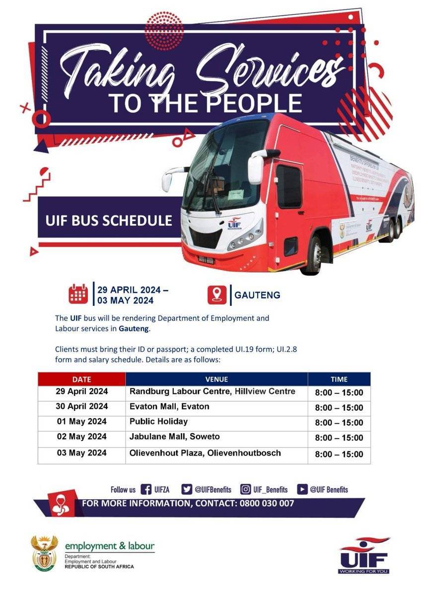 Good morning, the #UIF buses are to render Departmental services in the Gauteng and North West provinces from Monday, 29 April 2024 to Friday, 09 May 2024. 
#UIF
#WorkingForYou