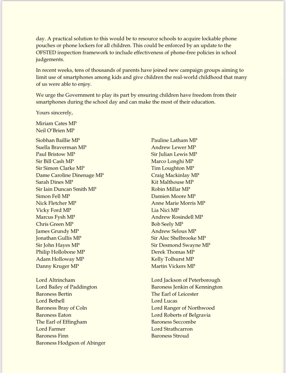 Just 1 in 10 secondary schools has an effective phone ban (@Policy_Exchange). With @NeilDotObrien & 60 Conservative MPs & Peers I‘ve written to the Prime Minister asking government to fund phone lockers in all schools so our children can be free to learn. mol.im/a/13373405