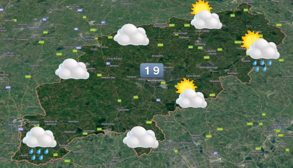 Good morning Northants. Some scattered showers today with some afternoon brighter spells developing. A northeasterly breeze. Warm in any afternoon sun at 19°C. Cloudy and cooler tomorrow with outbreaks of rain. 13°C.