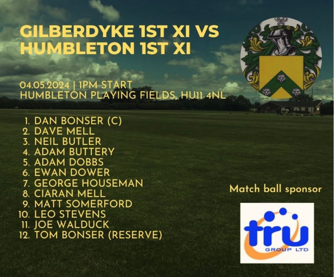 Gilberdyke_CC's tweet photo. Here we go!

Round 1 team sheet is in away to Humbleton Cricket Club.

Match ball sponsor: Tru Group Ltd https://t.co/ngHDVwd97y