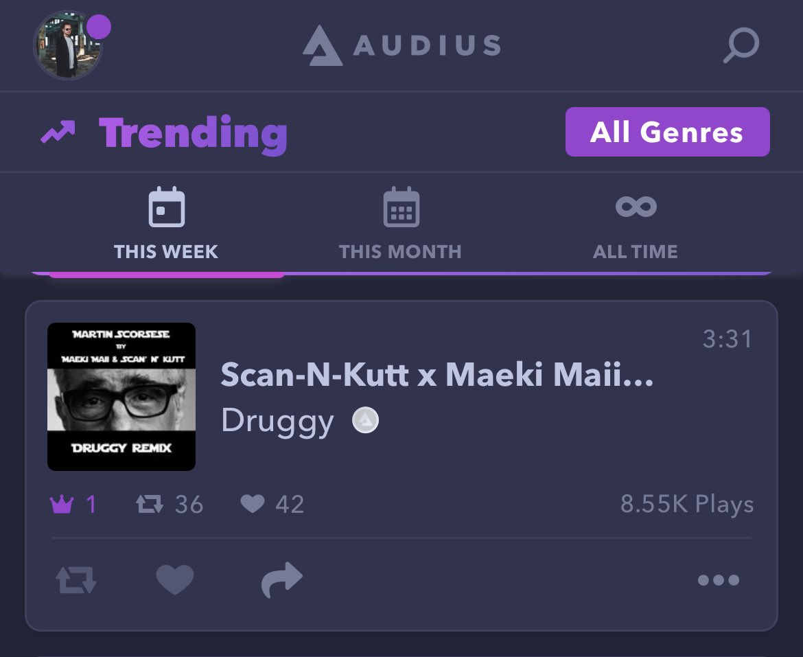 We have the No.1 trending track on @audius! 🙌 @MaekiMaii @kutt4life 🎬 Thanks everyone for showing love for “Martin Scorsese” ❤️ audius.co/druggy/scan-n-…