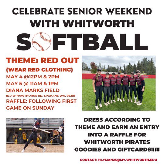 Come out this weekend for Senior Weekend.!
Whitworth Students can enter for a chance to win a Chipotle, Chick-fil-a, or Dutch Bros gift card.
You could also win a free Whitworth pirates shirt and Whitworth softball sticker!
See Instagram for details to enter!