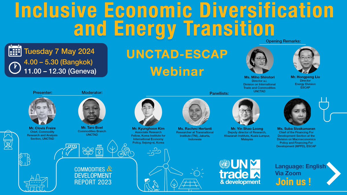 I’m pleased to be part of a joint @UNCTAD-@UNESCAP panel next week discussing the new Commodities and Development Report 2023 on Inclusive Economic Diversification and Energy Transition for Developing Countries. Sign up here: lnkd.in/gDcJ9MgN