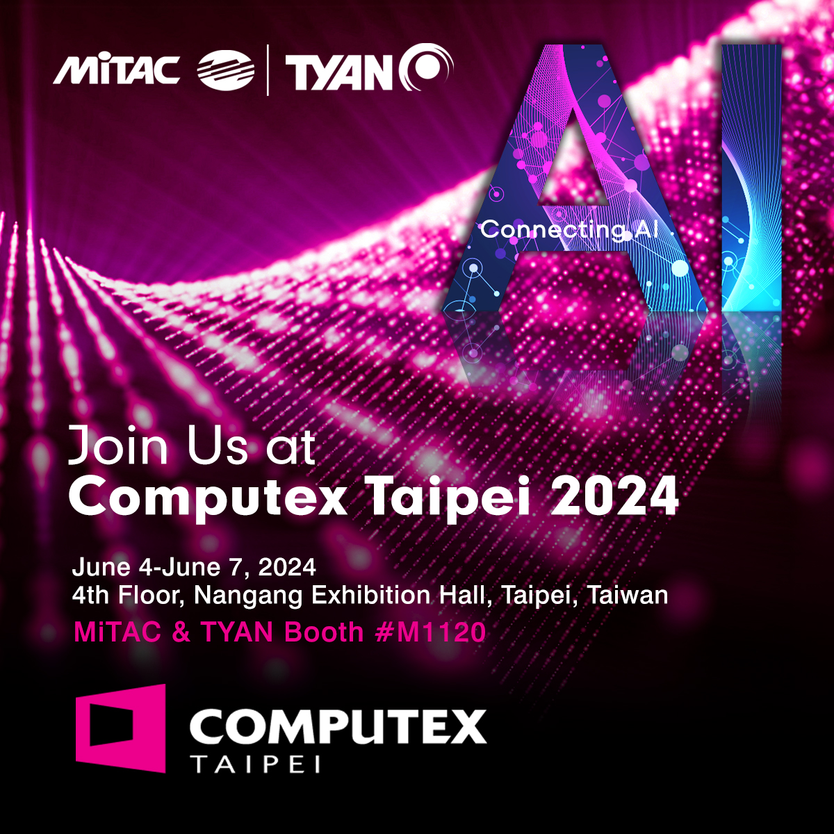 📣Join us at #Computex 2024 📣
From June 4-7 in Taipei, We & @tyan  will showcase our server solutions and #DSG products!

🗓️ Date: June 04-07, 2024
📍 Location: 4th Floor, Nangang Exhibition Hall, Taipei, Taiwan
🔎Booth: #M1120

#Computex2024 #Server #Intel #AMD #AI #HPC