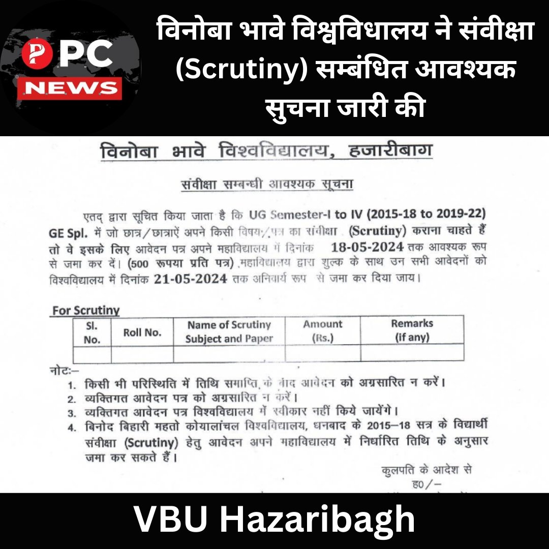 VBU News: विनोबा भावे विश्वविधालय ने संवीक्षा (Scrutiny) सम्बंधित आवश्यक सुचना जारी की।
tinyurl.com/VBU-News-02-05…
#pcnews #education #students #VBU #Hazaribagh #University