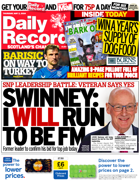 Good morning! Here is today's Daily Record front page, which leads on John Swinney planning to announce his bid to become the next SNP leader.

#scotpapers