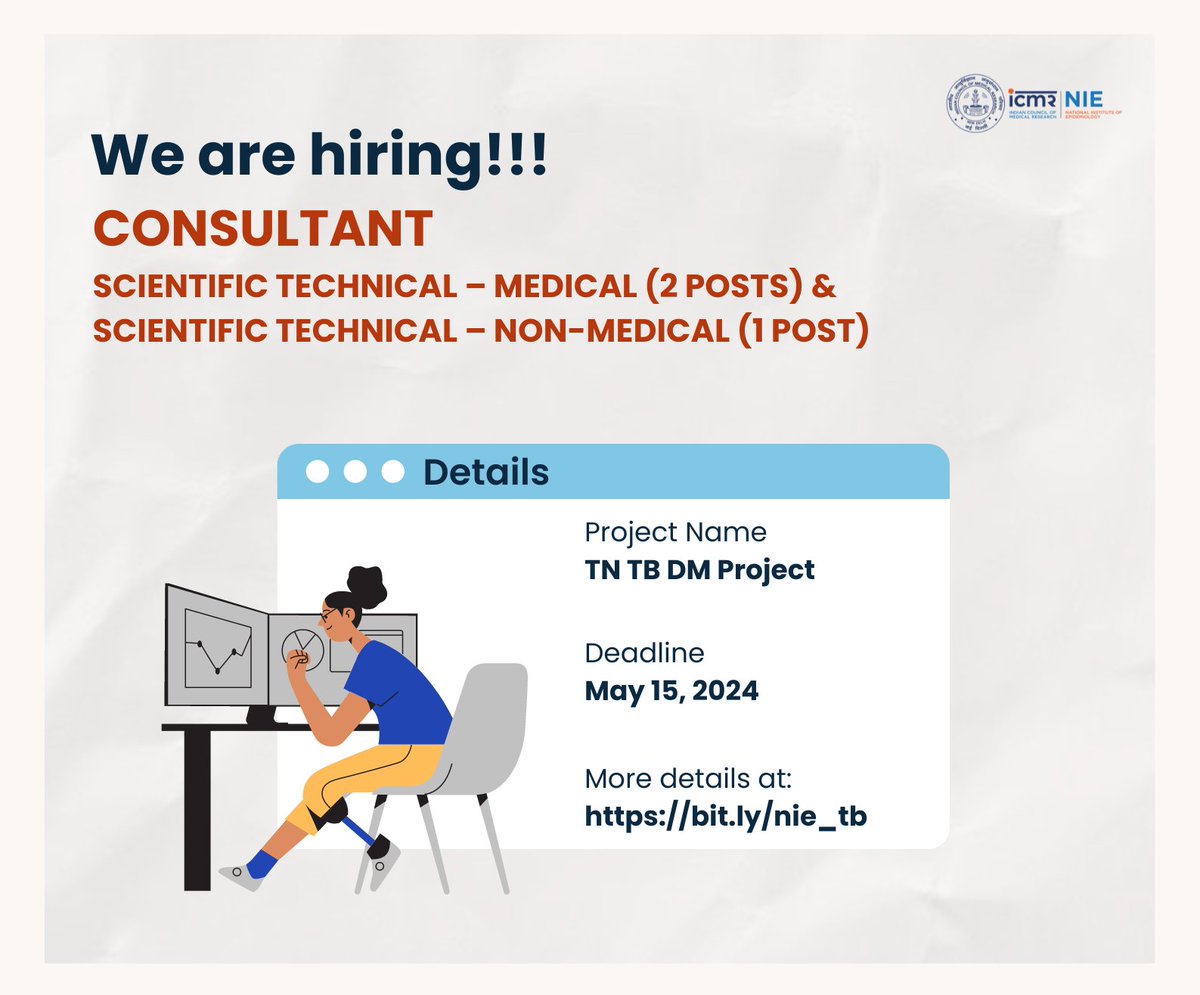Join our team! We're looking for dedicated professionals for our TN TB DM project. Apply now! 🔗 Details: bit.ly/nie_tb 👤 Vacancies: Consultant (Medical/Non-Medical) 💡 Deadline: 15.05.2024 #HealthcareJobs #Epidemiology #PublicHealth