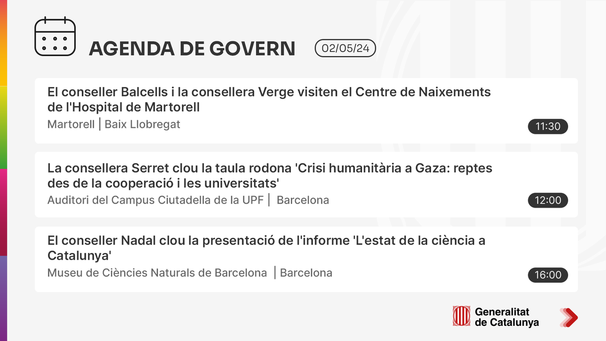 📆 Bon dia. La #vicepresidenta @LauraVilagra fa una visita institucional a Sant Andreu de la Barca i participa en l'acte de presentació de l'Indicador de Benestar Subjectiu 👉Consulta l'agenda del #Govern aquí: gen.cat/3JF80ma