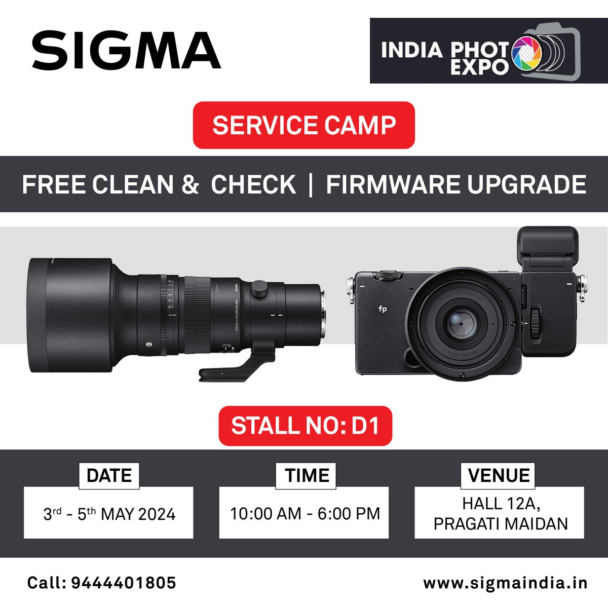 Calling all photography enthusiasts! Don't miss out on SIGMA's free clean, check and firmware updates Service Camp at India Photo Expo from 03 - 05 May. Visit us at Hall 12A, Pragati Maidan, New Delhi. See you there! #SIGMA #SIGMAlenses #SIGMAPhotoIndia #ServiceCamp