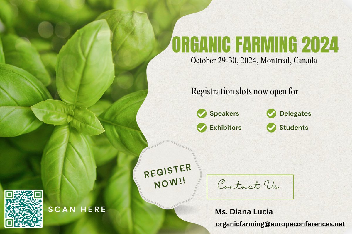 dianalu36962622's tweet image. Exciting news! Registration slots are now open for speakers, delegates, students, and exhibitors! Don&apos;t miss your chance to be part of our upcoming #Organic #Farming conference. #ConferenceRegistration #Networking #AcademicEvents #agriculture #AgroTech