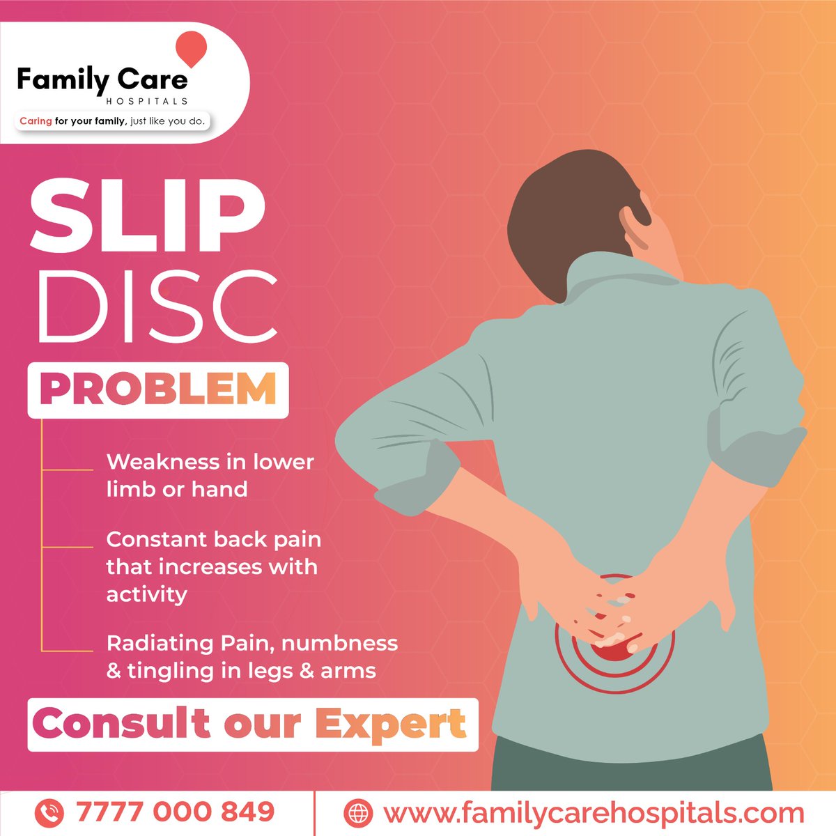 A slipped disc is one of the most common reasons for back pain and can occur due to obesity, weak muscles, injury, or even something as seemingly innocuous as poor posture. 

#FamilyCareHospitals #discinjury #spinalhealth #spinalinjury #backache #backinjury #backworkout #health