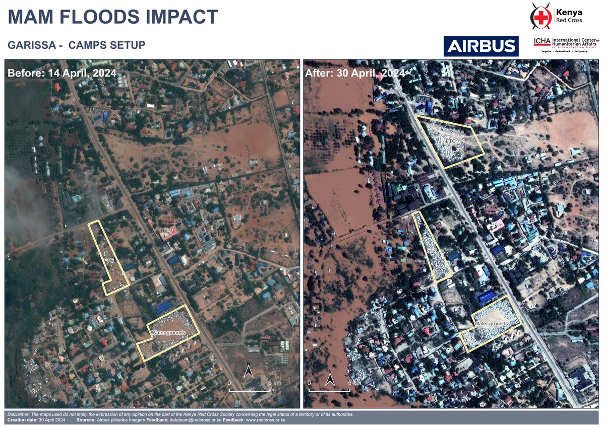 Thanks to our colleagues at @ICHA_KRC, we are able to generate satellite imagery maps, courtesy of @AirbusFDN, that allow us to assess the extent of flood damage, aiding in response efforts while on-ground verification takes place. Here are two maps showing villages marooned by