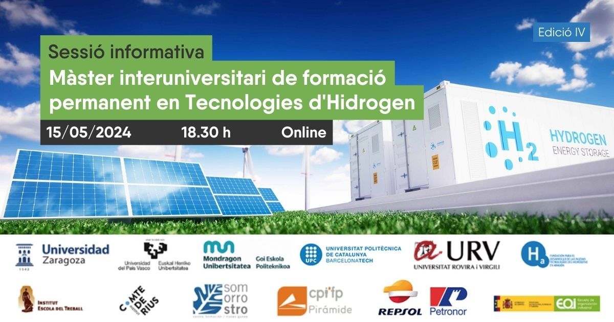 POSTGRAUS 📢 Sessió informativa del màster en Tecnologies de #Hidrogen ⤵️ 🗓 Data: 15/05/24 📍 Virtual ✍️ Registra't aquí: event.webinarjam.com/register/518/r… 💠 Màster promogut per @Petronor_Info i dissenyat i avalat per 5 universitats: @unitzar @upvehu @MU_gep @la_UPC @universitatURV