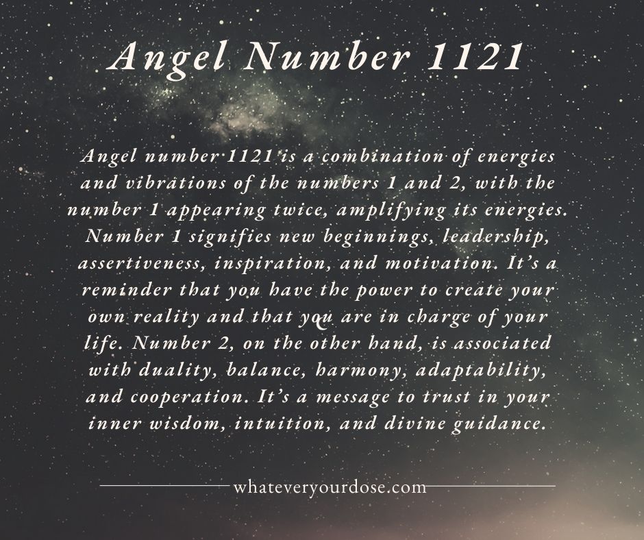 'Feeling the celestial embrace of angel number 1121—a gentle reminder to stay focused, trust the journey, and embrace the blessings unfolding before us. #AngelNumber #DivineGuidance'