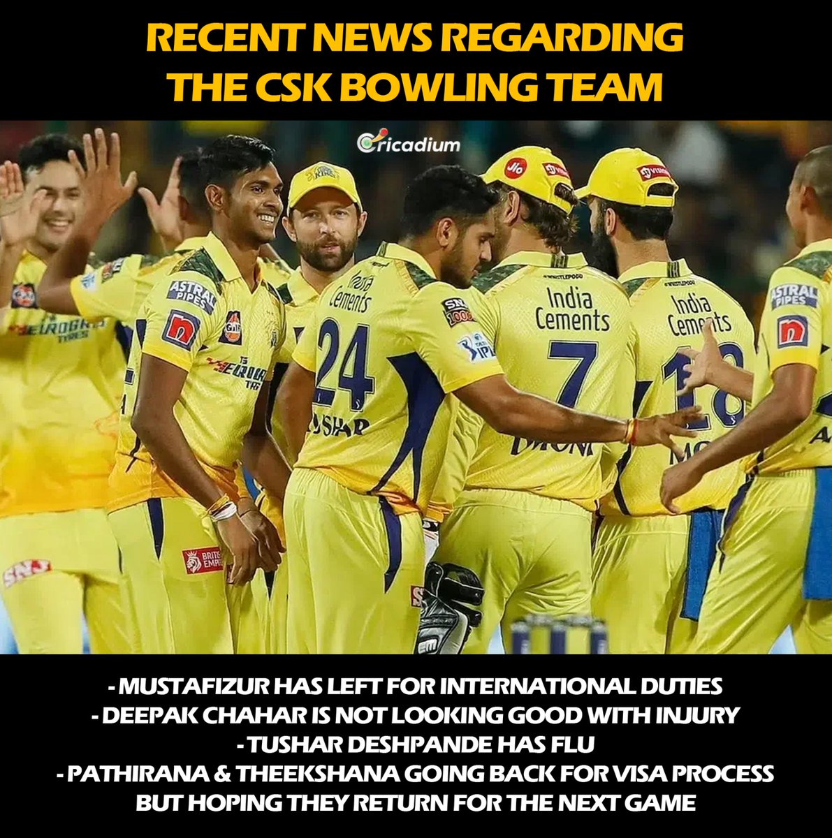 Recent news regarding the CSK bowling squad. #ICC #CRICKET #CSK #IPL24