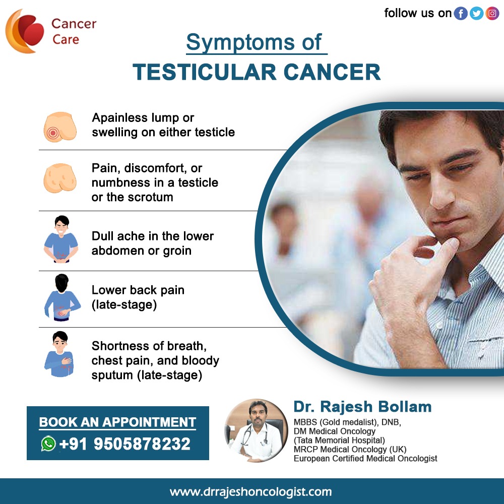 Know the signs: #Testicularcancer symptoms include #pain, #swelling, #lumps. Early detection saves lives. Check regularly. Spread awareness! #DrRajeshBollam #HematoOncologist #Hematolgist #Oncologist #Cancer #onlineconsultation #CancerSpecialist #cancerhospital #CancerDoctor