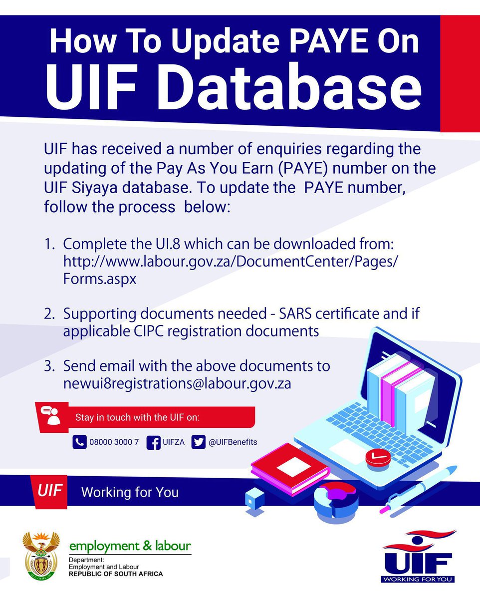 Read here how to quickly and easily update your Pay As You Earn (PAYE) number on the #UIF's system.

#UIF #WorkingForYou