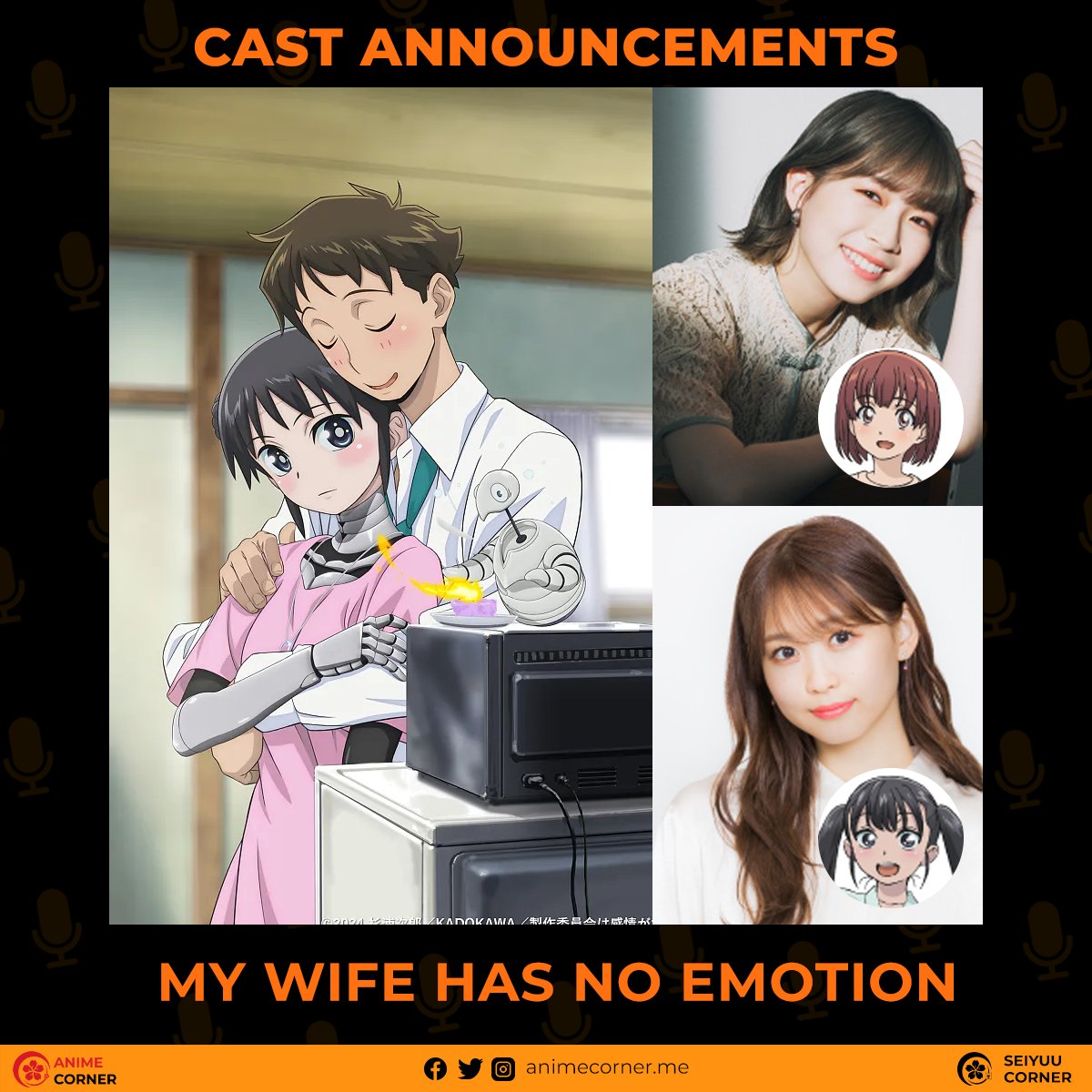 'My Wife Has No Emotion' anime additional cast: Yoshino Aoyama as Akari Kosugi Yu Serizawa as Super Mina The anime begins on July 2, 2024.