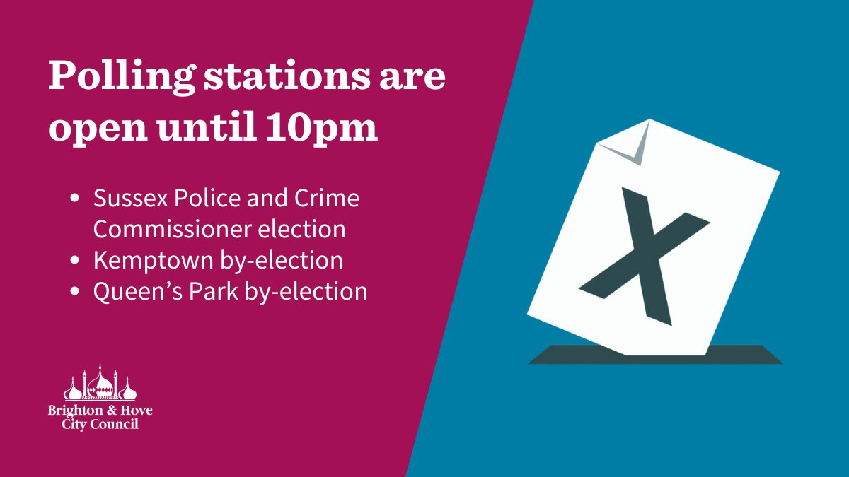 The polls are now open for the Sussex Police and Crime Commissioner election, Kemptown by-election and Queen’s Park by-election. Voting at a polling station? Don’t forget to bring photo ID. Learn more 👉 ow.ly/ZqFt50RukIh