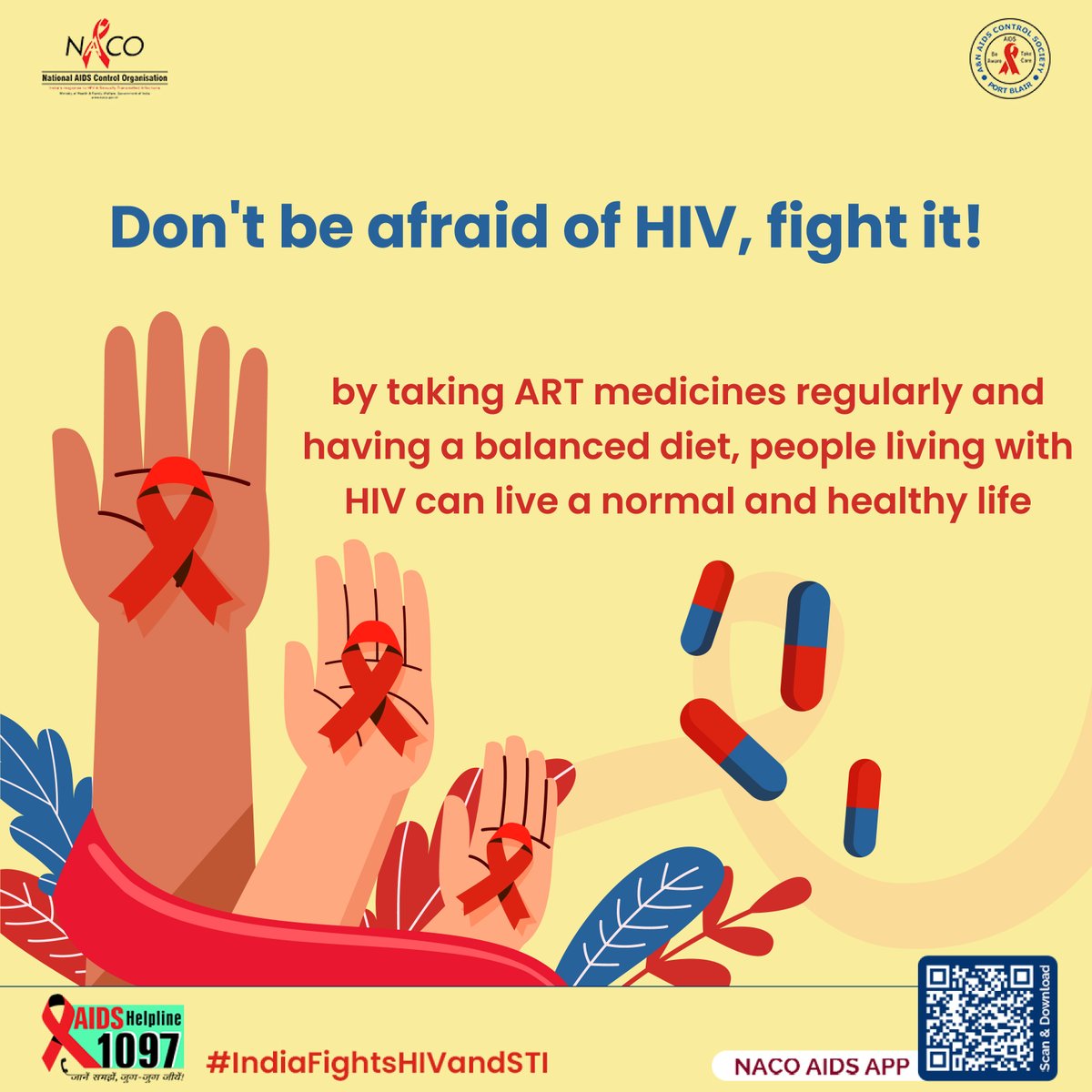 Fight HIV confidently with ART medicines, a balanced diet, regular checkups. Live fully despite HIV; prioritize health. Take charge!🛡️🥗🩺 #NACO #AIDS #HIV #AndamanNicobar #HIVAwareness