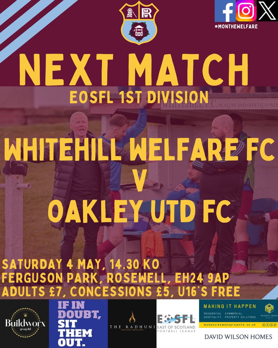 This Saturday we welcome Oakley Utd to Ferguson Park. Our last outing against them ended in a 1-1 draw. Both teams go into the match of the back of midweek wins and Jack will be hoping his team perform as well as we did on Tuesday. We hope to see you there. #monthewelfare