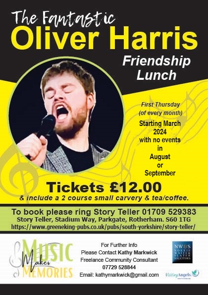 Tickets available for the Music Makes Memories' Friendship Lunch at Storyteller today with the awesome @omh92 Thanks to Jason, Manager, for hosting & to @VisitingU & @NWSsolicitors poster sponsors. Everyone welcome to this 'dementia friendly' event. @AgeUKRotherham @Stag_RosePPG