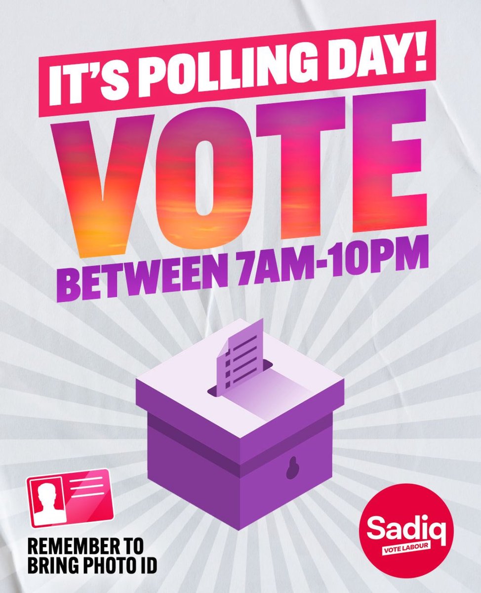 Today may be overcast but let’s get out and vote for a brighter future! Vote Labour, Vote Sadiq. Polling stations open 7am-10pm. Don’t forget your ID.