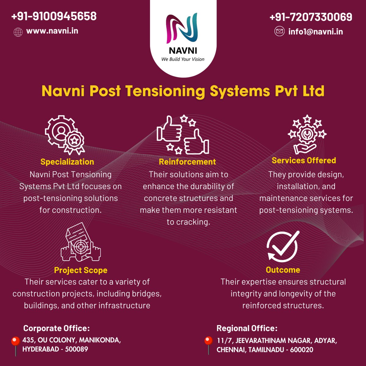 Elevate your projects to new heights with Navni Post Tensioning Systems Pvt. Ltd.! 

🌟 Specializing in cutting-edge reinforcement solutions, we offer a comprehensive range of services tailored to meet your construction needs.
#Navni #BuildingDreams #ExcellenceInConstruction