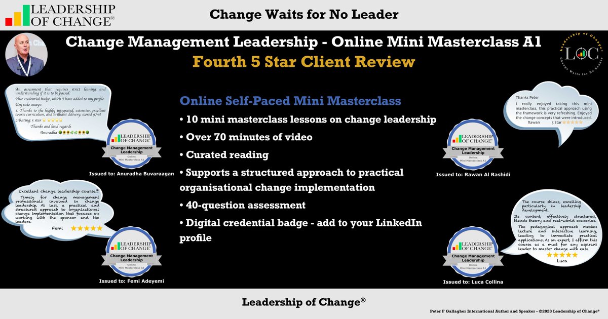 #LeadershipofChange Change Management Leadership FOUR 5 STAR CLIENT REVIEWS Online Mini Masterclass A1 • 10 mini masterclass lessons on change leadership • Over 70 minutes of video • Curated reading #ChangeManagement bit.ly/3YbZ66p