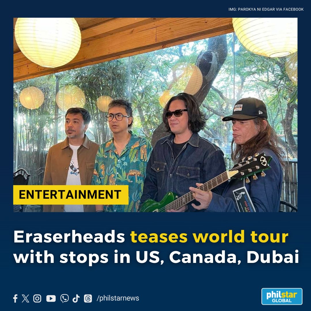 ERASERHEADS WORLD TOUR 🌍 ✈️

The Eraserheads are set to hold concerts in San Francisco and Los Angeles in California, Honolulu in Hawaii, Toronto in Canada and Dubai in the United Arab Emirates.

Read: philstar.com/entertainment/…