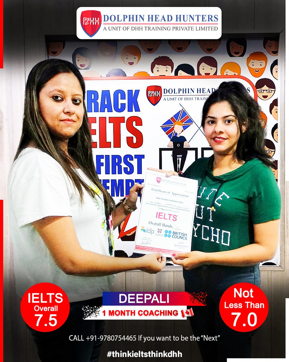 Congratulations to our student achieving an impressive Overall 7.5 Bands in #IELTS Academic Exam!  Admission now open at @dolphin_head_hunters, the top institute for #IELTScoaching in Chandigarh. Call  9780754465 for inquiries or visit: dolphinheadhunter.com #StudyAbroad