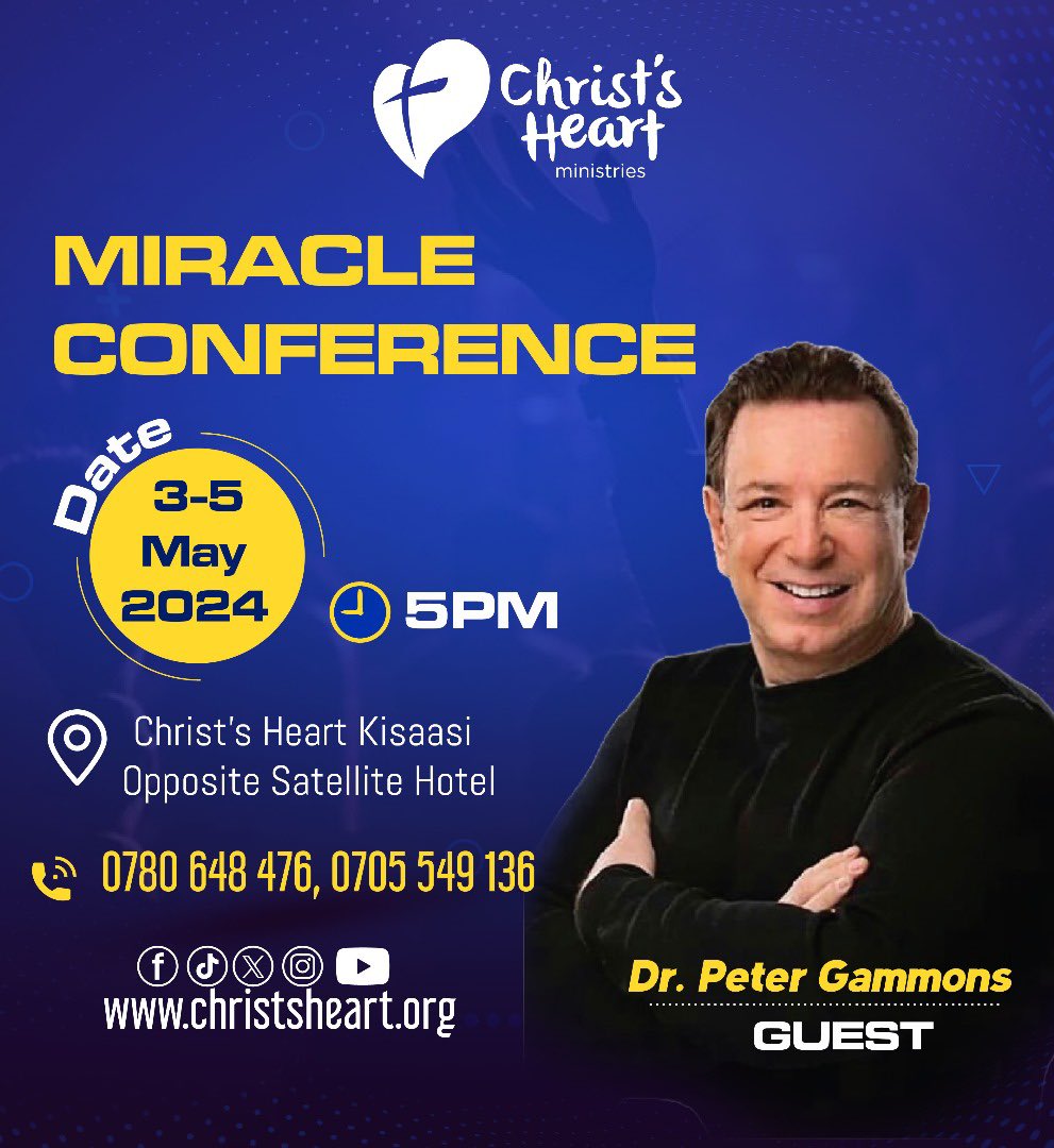 ViolaHappiness's tweet photo. American Televangelist Dr. Peter Gammons is in Uganda for a three-day Miracle Crusade at @ChristsHeartMin from May 3rd to May 5th. 

Additionally, a special pastors' Impartation service will be held on Saturday, May 4th, at 9 am at Christ Heart Kisaasi.
#MiracleConference24 https://t.co/98Ce0a1spO