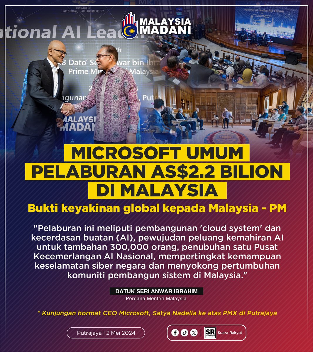 Syukur Alhamdulillah.. Terbaik PMX !

'World class AI center in Malaysia ' - CEO Microsoft

Microsoft mengumumkan untuk melabur AS$2.2 bilion (RM10.5 bilion) dalam kecerdasan buatan (AI) dan pembangunan infrastruktur awan di Malaysia.

#MalaysiaMADANI
#KerajaanPerpaduan