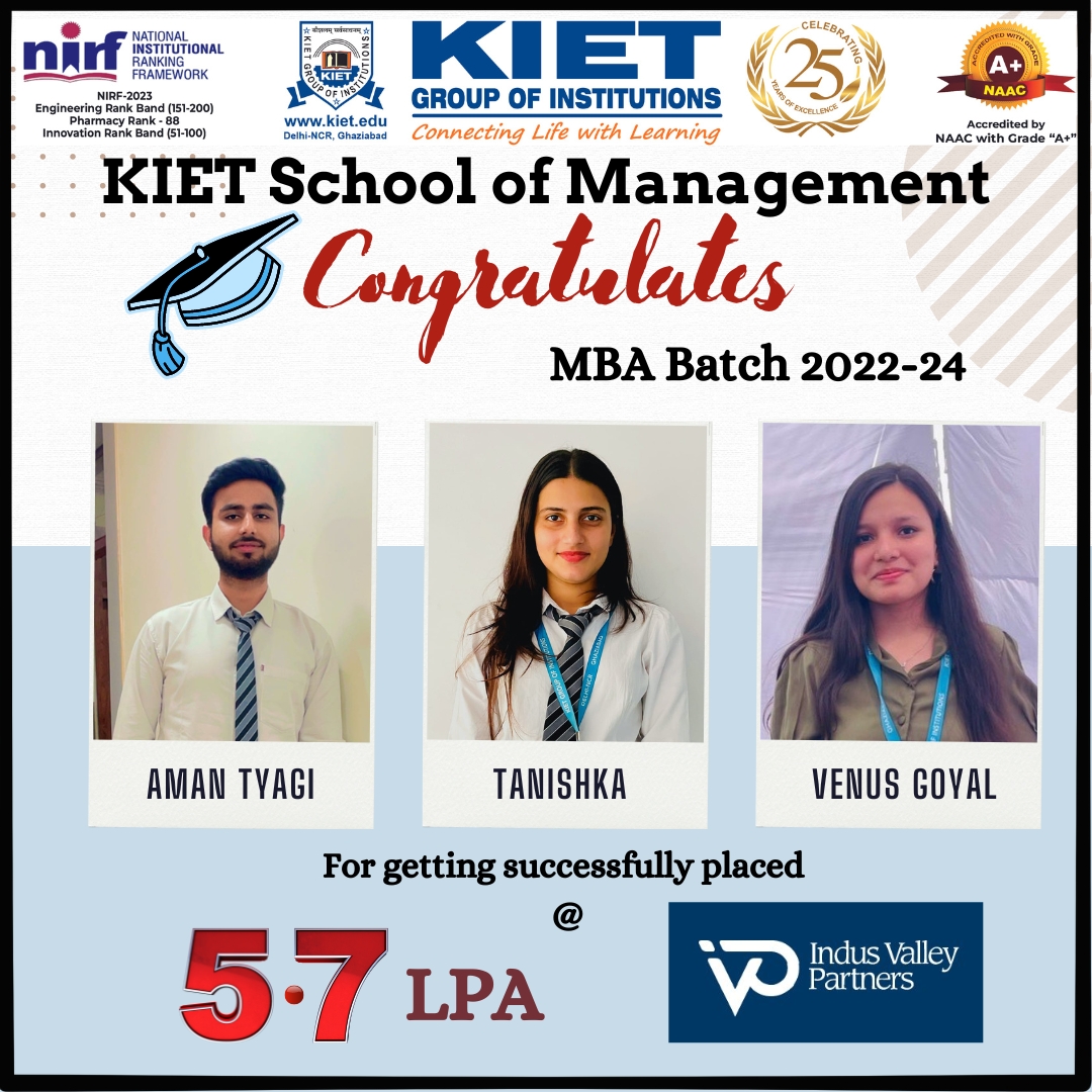 Huge congratulations to MBA 2nd-year students (Batch 2022-24) for successfully securing placements at Indus Valley Partners!

#kiet_group_of_institutions #KIETGZB #kietengineeringcollege #KIET #AKTU #AICTE #PlacementSuccess #KSOM #IndusValleyPartners #Management #Admissions