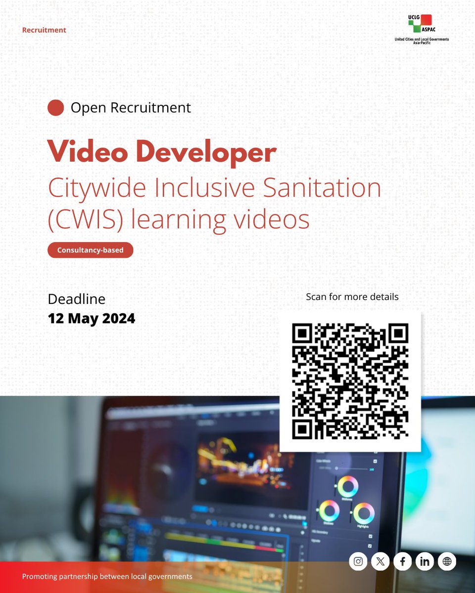 We're seeking a skilled Video Developer to create engaging learning videos for Citywide Inclusive Sanitation (CWIS) initiatives. Scan the QR code for more details. Apply now! Deadline: May 12, 2024 lnkd.in/gj5BaDcP #JobVacancy