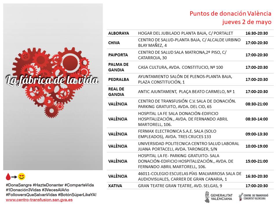 Puntos de donación #València 📅jueves #2Mayo Donar sangre de forma regular garantiza la disponibilidad de componentes sanguíneos en los hospitales. #DonaSangre #DonaPlasma. Únete a La Fábrica de la vida❤️