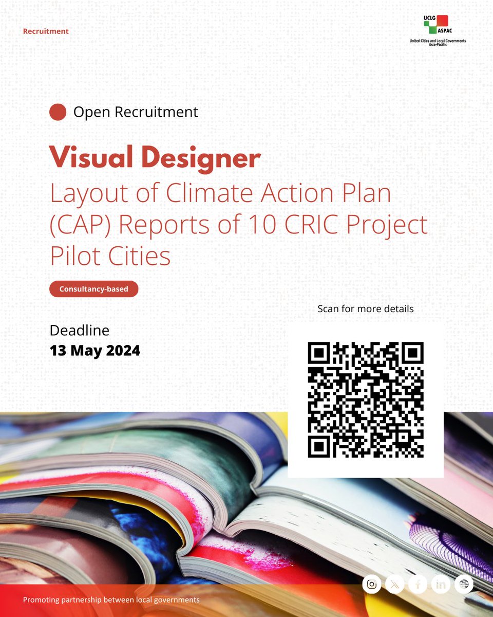 We're on the lookout for a Visual Designer to craft captivating layouts for Climate Action Plan (CAP) Reports of 10 CRIC Project Pilot Cities. Scan the QR code for more details. Apply now! Deadline: May 13, 2024 lnkd.in/gEpkQAsA #JobVacancy