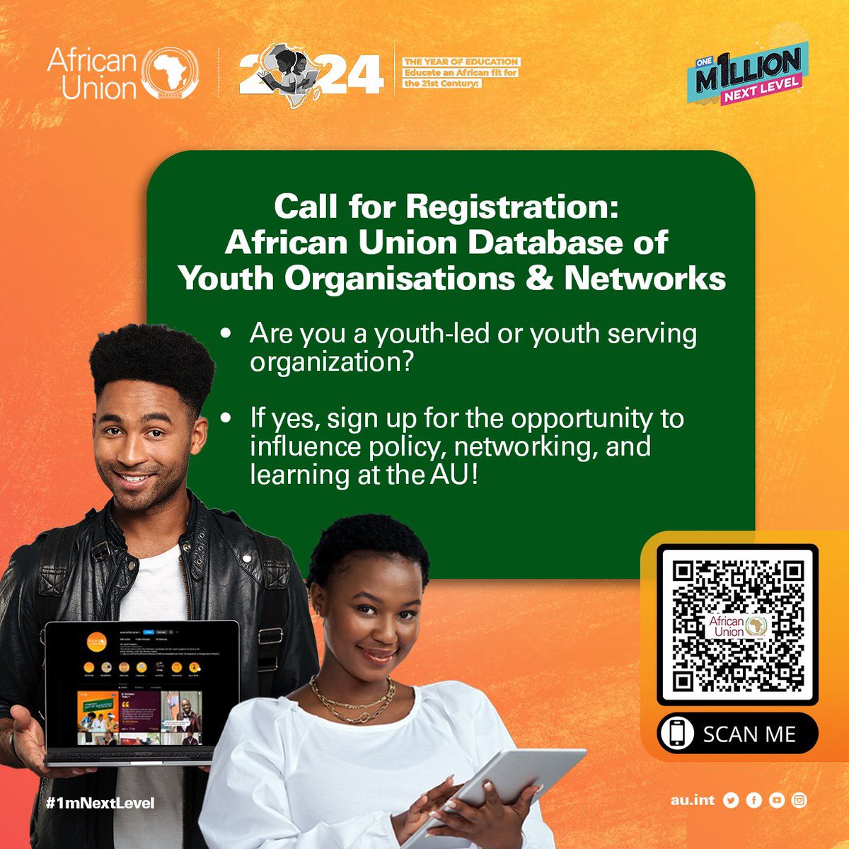 Sign up for our Youth Organisation Database for a platform to influencing policy, networking, learning and other opportunities at the AU and with other development partners.

Register your organization using the link below.
🔗shorturl.at/aprS0
 
 #1MNL #Agenda2063