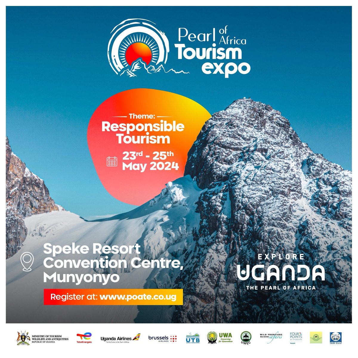 Mark your calendars & save the date for yet another exciting edition of the Pearl of Africa Tourism Expo.

DATE: 23rd to 25th May 2024

THEME: 'Responsible Tourism.'

Register for #POATE2024 via; poate.co.ug

#TourismUg #ResponsibleTourism

@UWEC_EntebbeZoo @meaca_ug