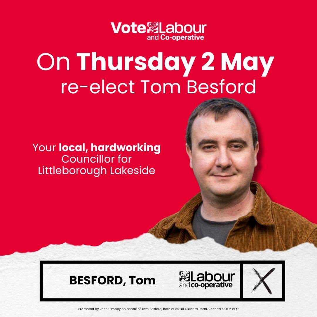 IT'S POLLING DAY Don't forget to vote today! Polls are open between 7am-10pm. Bring your photo ID In #Littleborough Lakeside, please re-elect Tom Besford and @AndyBurnhamGM for another term. Vote @UKLabour & @CoopParty. 🌹 🗳️