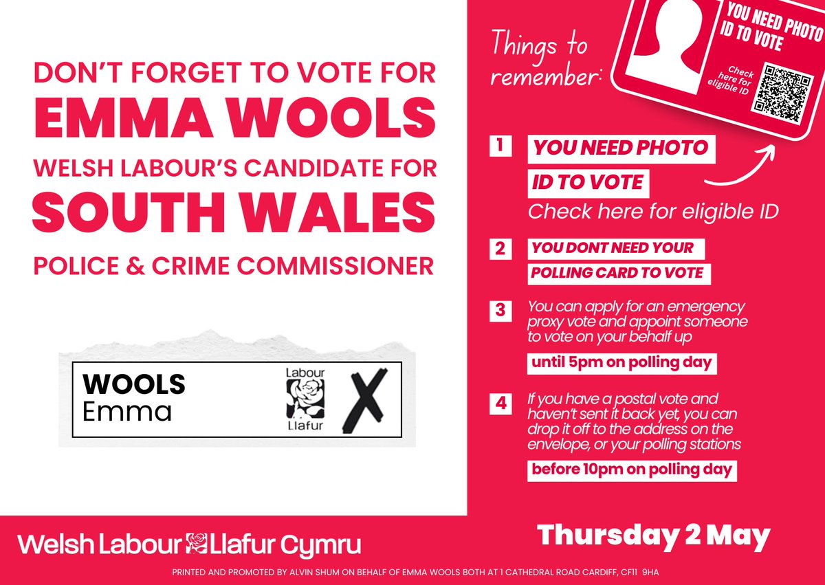 🗳️ Don't forget to vote today for @WelshLabour's @Emma_Wools for South Wales Police & Crime Commissioner. 🚨 Remember to bring photo ID with you. Check the list of accepted forms of ID here: gov.uk/how-to-vote/ph… 📍 Find your local polling station: electoralcommission.org.uk/i-am-a/voter/y…