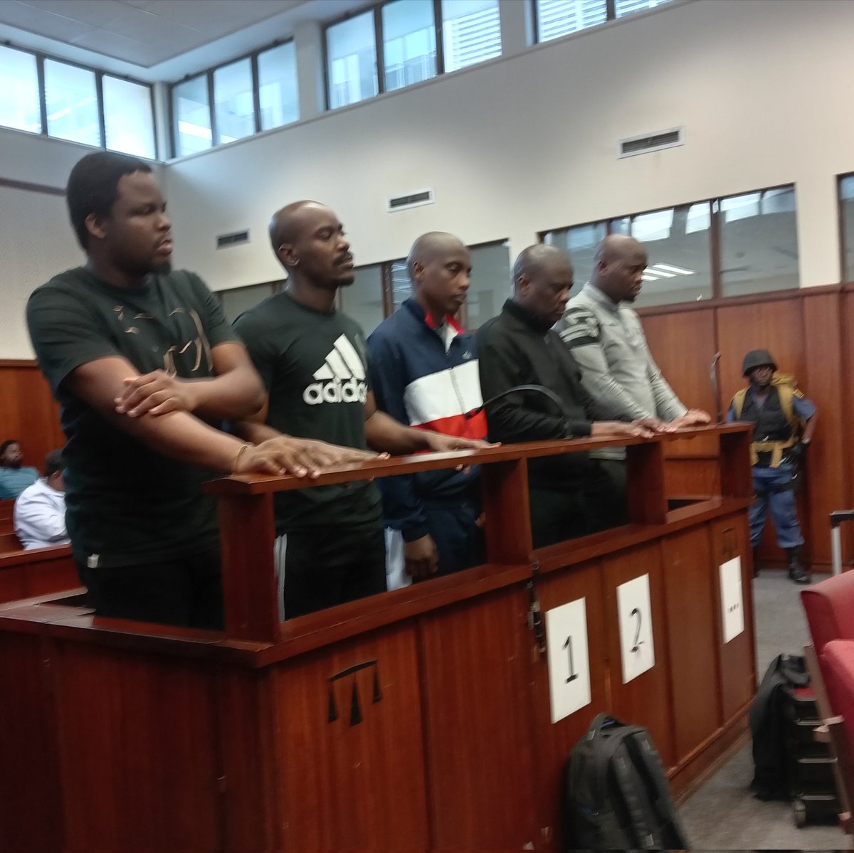 The five of the seven suspects charged with the murders of rapper Kiernan 'AKA 'Forbes and his friend Tebello ‘Tibz’ Motsoane have entered the dock at the Durban Magistrate’s Court today. @DailyNewsSA
