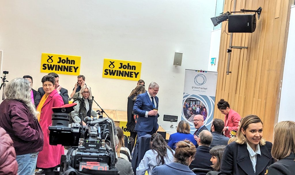 Just arrived on location ahead of John Swinney's statement at 10:30. He's expected to announce he is running to be the next SNP leader and First Minister. Lots of big SNP names in the room showing support.