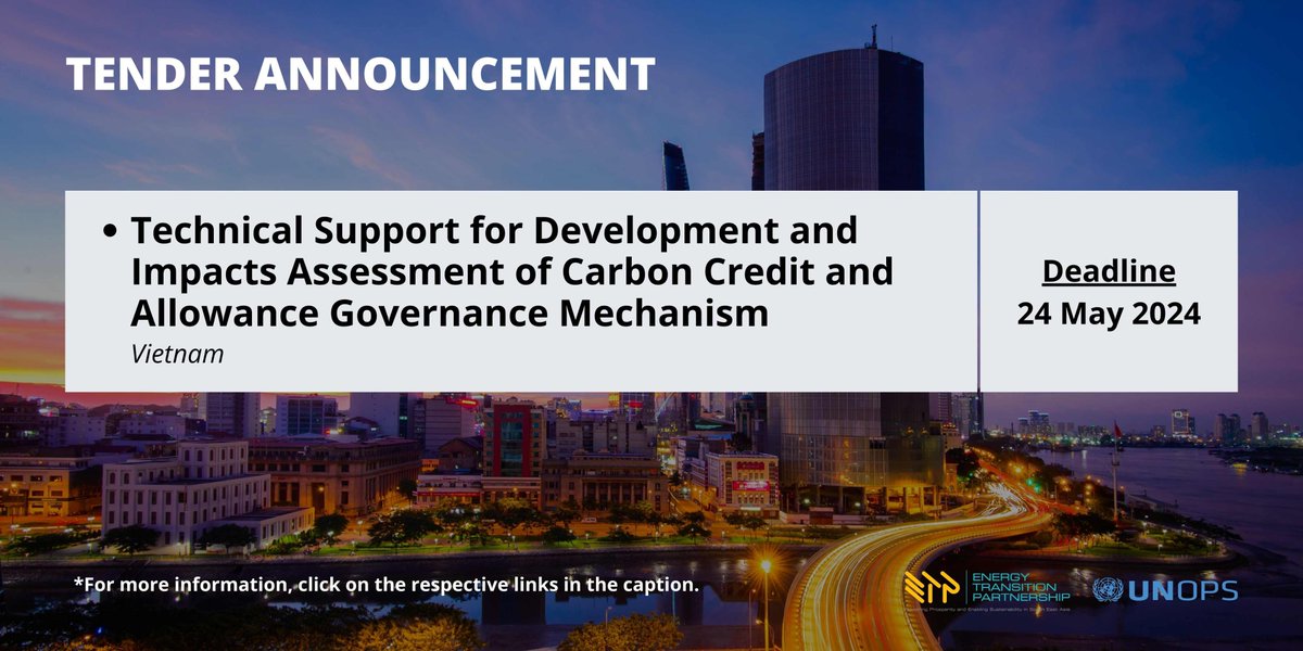 📢 Tender Announcement! 📢

RFP for Technical Support for Development and Impacts Assessment of Carbon Credit and Allowance Governance Mechanism in Vietnam.

🔗Respond to the tender via: shorturl.at/fxyGT

Deadline: 24 May 2024

#UNJobs #EnergyJobs #Tender #Vietnam