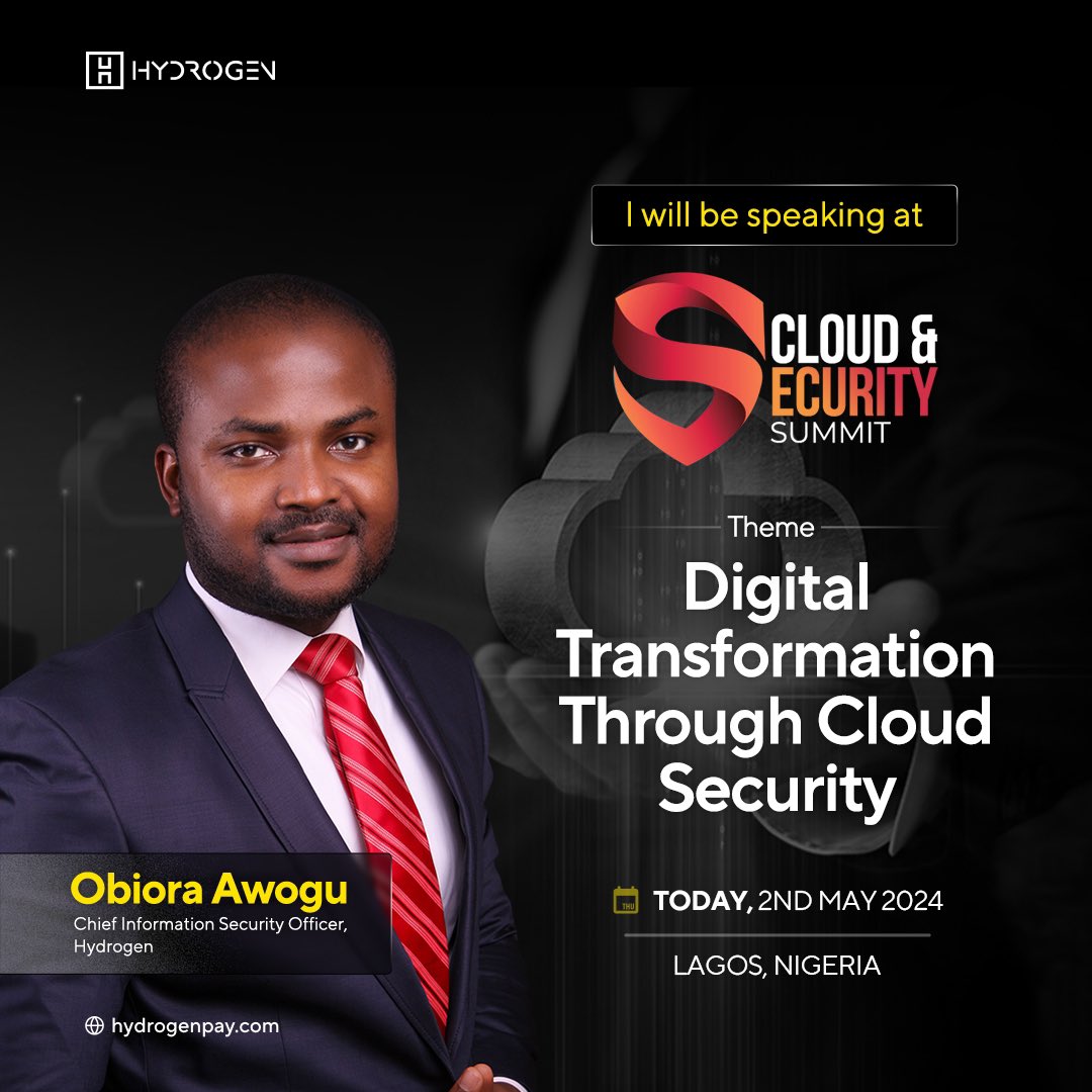 Join us today at the Cloud and Security Summit as our Chief Information Security Officer, Obiora Awogu, discusses Digital Transformation through Cloud Security. 🌐 

#CloudSecurity #DigitalTransformation #Hydrogen #hydrogenafrica #payments