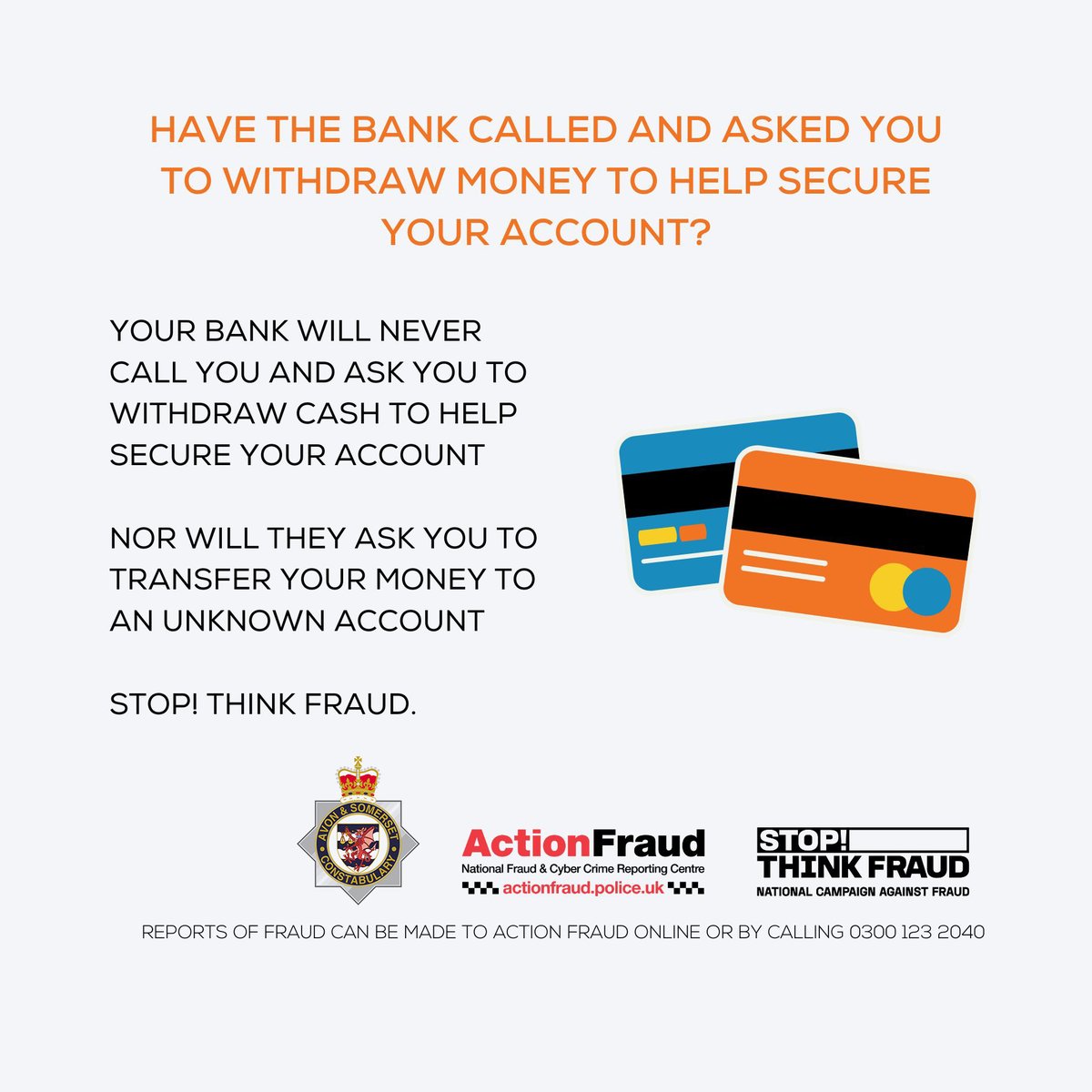 Your bank will never contact you and ask you to withdraw cash to help secure your account. This is a tell-tale sign of courier fraud. Dial 999 if this happens and even if you haven’t lost any money, also make a report to Action Fraud at orlo.uk/uE3Uw